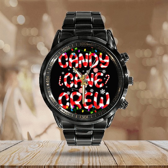 Candy Cane Crew Christmas Lights Funny Xmas Party Calendar Steel Band Watch