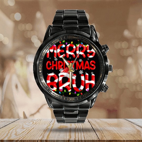 Merry Christmas Bruh Xmas Lights Santa Hat Candy Calendar Steel Band Watch