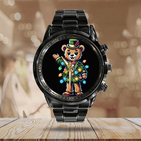 Happy Bear With Christmas Lights Calendar Steel Band Watch