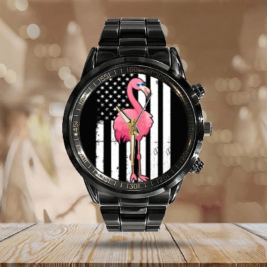 Flamingo US Flag Flamingo Bird Calendar Steel Band Watch