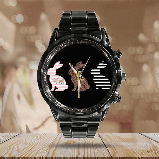 Happy Easter Cute Easter Leopard Bunny Rabbit Calendar Steel Band Watch