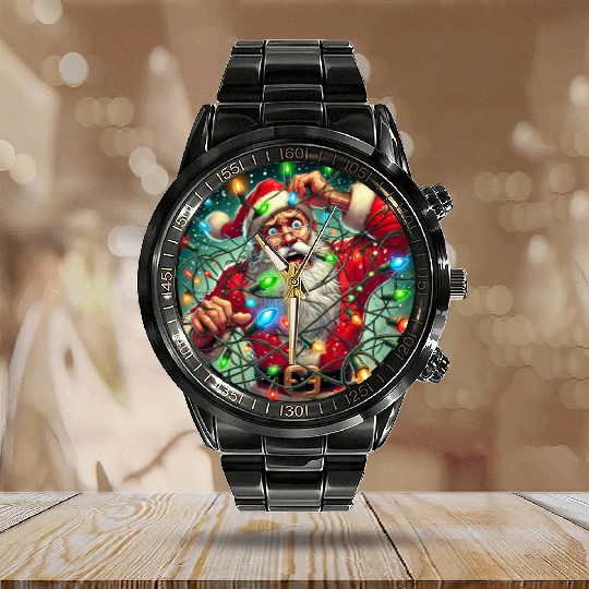 Funny Christmas Santa: Tangled in Lights Calendar Steel Band Watch