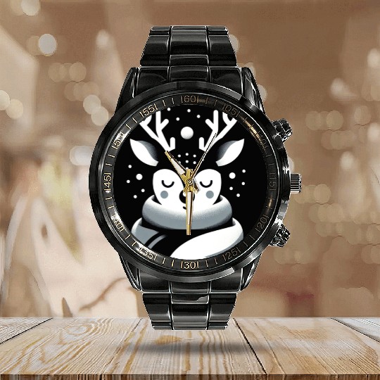Winter Serenity Deer Illustration Calendar Steel Band Watch