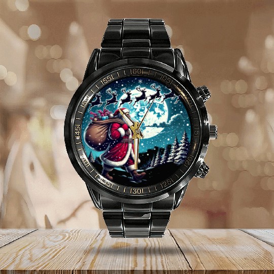 Santa Claus with Gifts Under the Snowy Sky Calendar Steel Band Watch