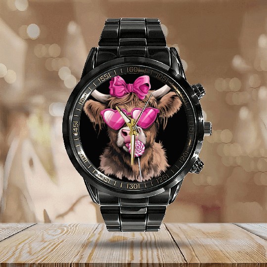Highland Cow Valentines, Valentines Day, Retro Calendar Steel Band Watch