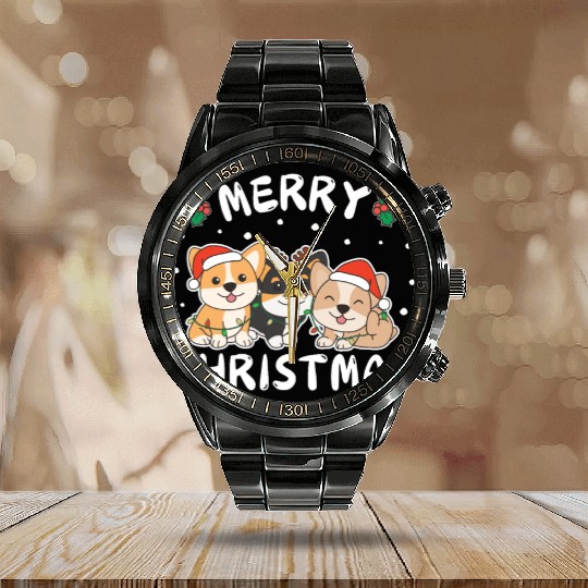 Merry Christmas Cute Corgi Festive Lights Corgi Calendar Steel Band Watch