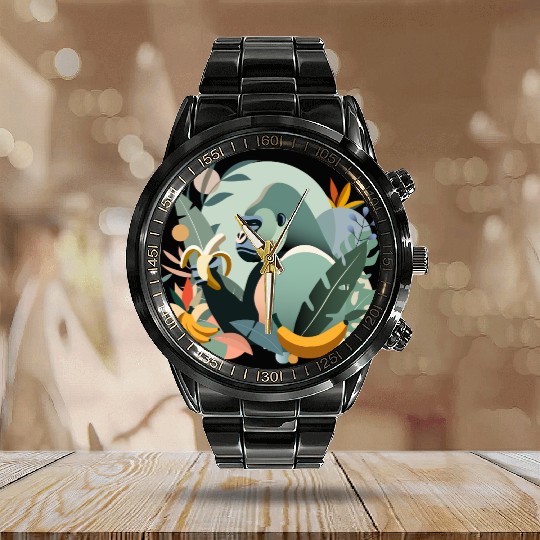 Proud gorilla with banana in tropical surroundings Calendar Steel Band Watch