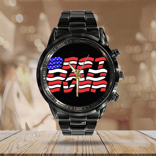 Best Dad Ever US Flag Calendar Steel Band Watch