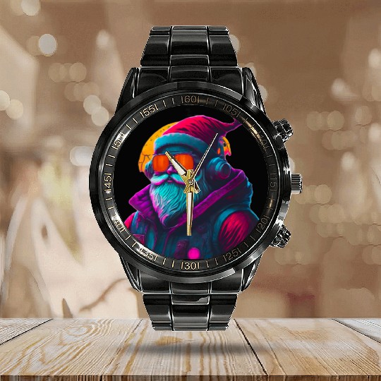 Retro Cool Santa Claus with Headphones Neon Colors Calendar Steel Band Watch