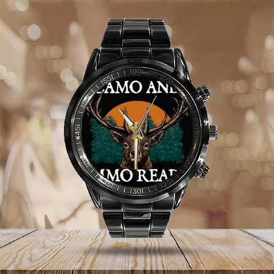 Camo and Ammo Ready Hunting Shotgun Hunter Calendar Steel Band Watch