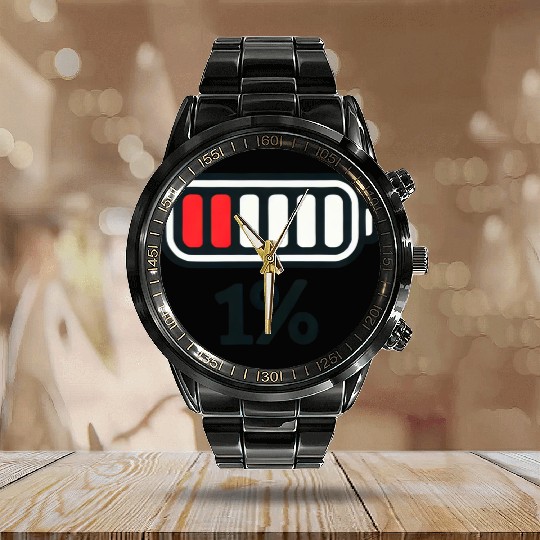 Low Battery Icon with 1% Charge Calendar Steel Band Watch