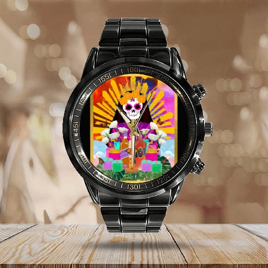 Rainbow Butterfly Santa Muerte Calendar Steel Band Watch