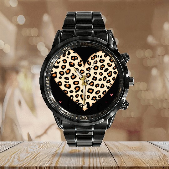 Trendy Vintage Retro Love Cheetah Leopard Print Calendar Steel Band Watch