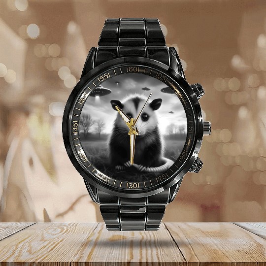 Opossum Funny Graphic Selfie with UFOs Weird Alien Calendar Steel Band Watch
