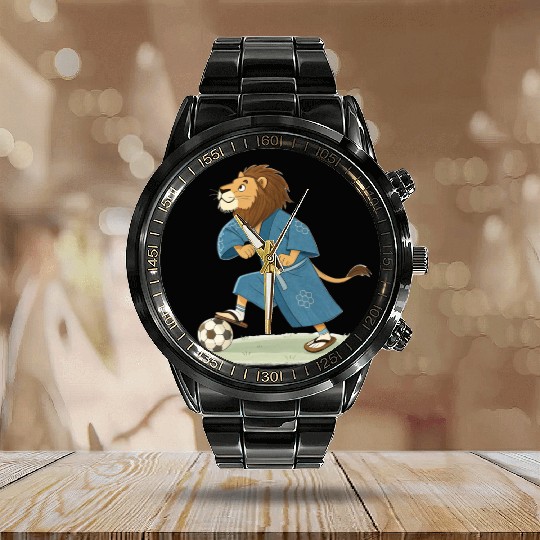 Lion playing soccer in karate kimono Calendar Steel Band Watch