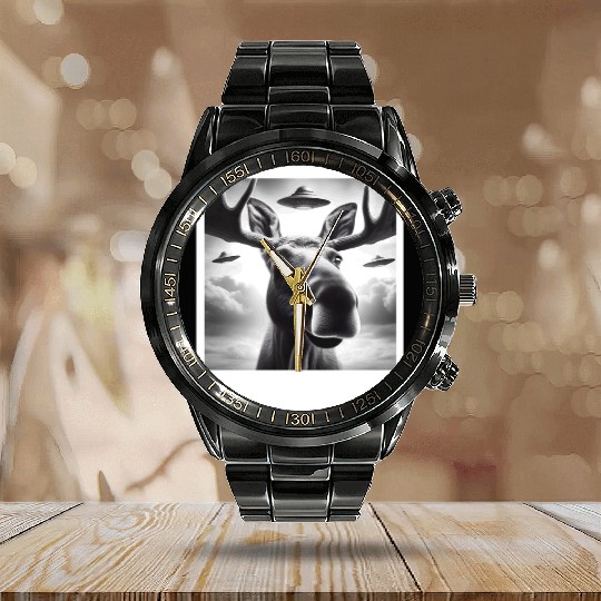 Moose Funny Graphic Selfie with UFOs Weird Aliens Calendar Steel Band Watch