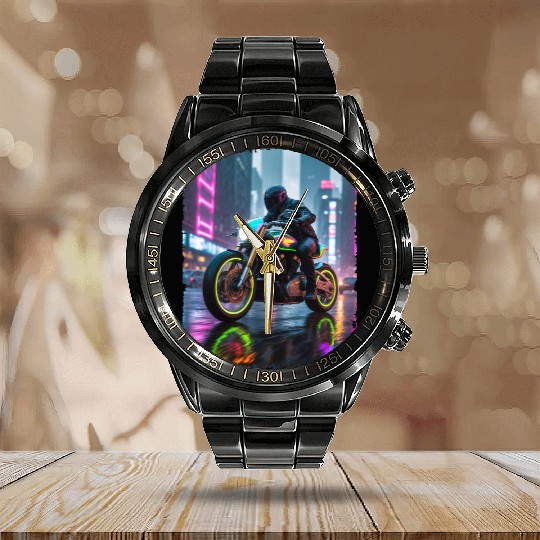 Motorcycle cyberpunk in city Calendar Steel Band Watch