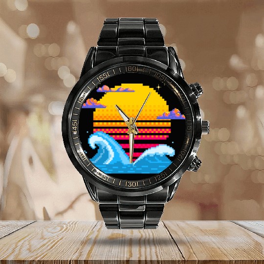 Pixel Sunset Horizon Calendar Steel Band Watch