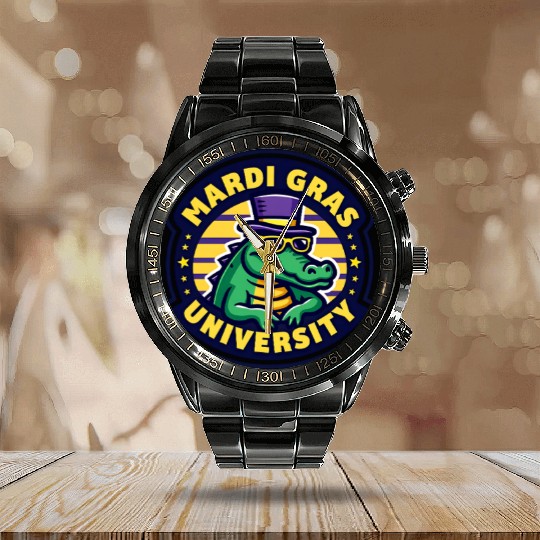 Mardi Gras University Alligator Men's Mardi Gras Calendar Steel Band Watch