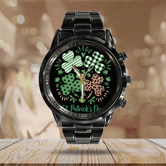 Plaid Leopard Print Shamrock St. Patrick's Day Calendar Steel Band Watch