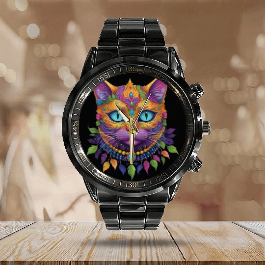Cute Cat Mardi Gras Carnival Cat Lover Calendar Steel Band Watch