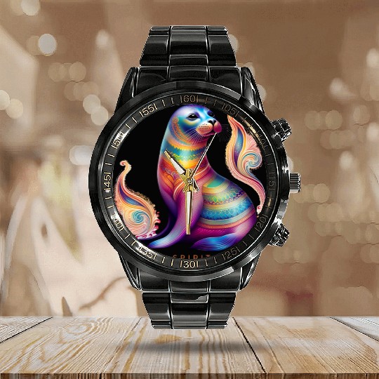 Pisces Spirit Animal Seal Alebrije Female Calendar Steel Band Watch