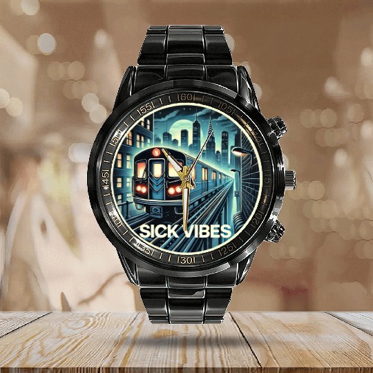 Retro Futuristic Subway Train - Neon Cyberpunk Cit Calendar Steel Band Watch