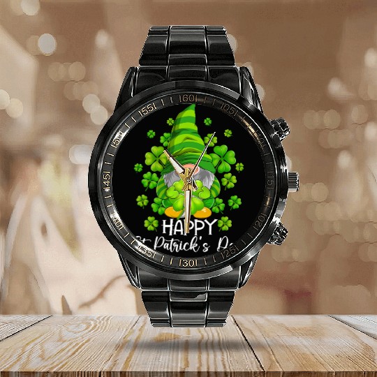 Happy St. Patrick's Day Gnomes Irish Shamrock Calendar Steel Band Watch