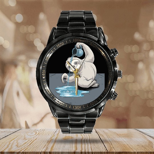 Aquarius Zodiac Sloth Pouring Water with Charm Calendar Steel Band Watch