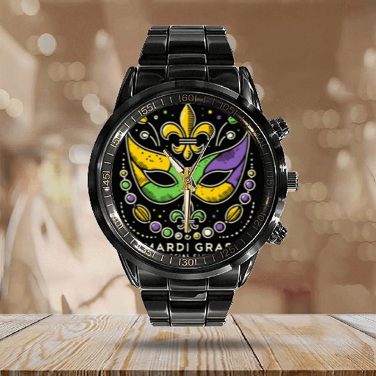 Mardi Gras Soociial Clubb Vintage Style Mask Calendar Steel Band Watch