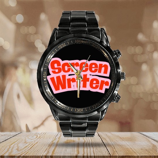 Screen Writer Red Text with Pink Border Calendar Steel Band Watch