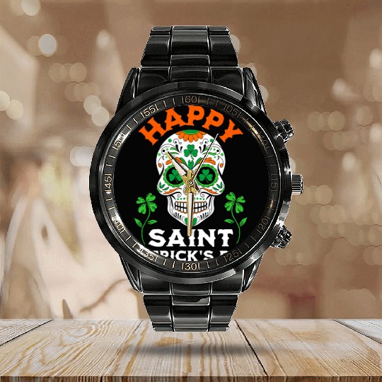 Happy Saint Patrick's Day Irish Sugar Skull Calendar Steel Band Watch