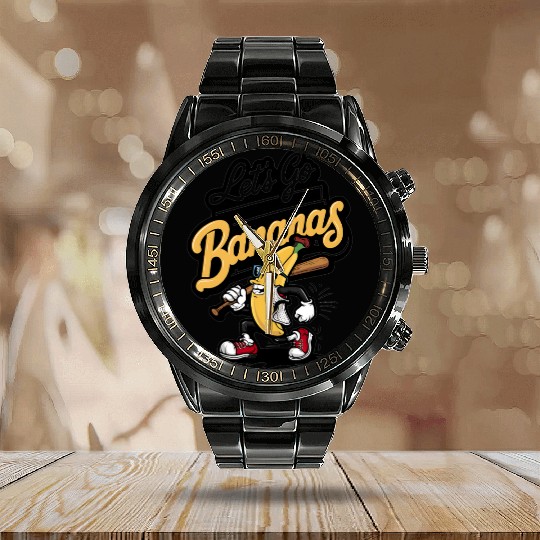 Let's Go Bananas Funny Banana Baseball Player Kids Calendar Steel Band Watch