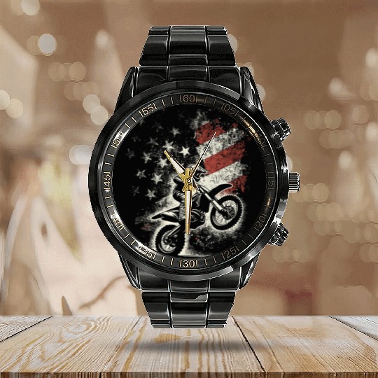 Vintage Patriotic Dirt Bike Motocross USA American Calendar Steel Band Watch