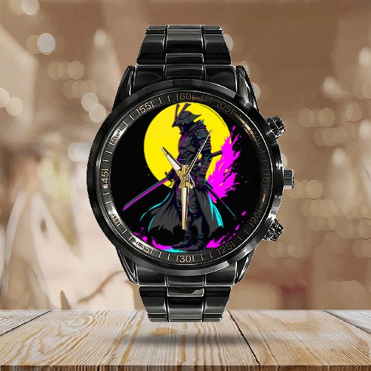 Cyberpunk Samurai Warrior Neon Art Design Calendar Steel Band Watch