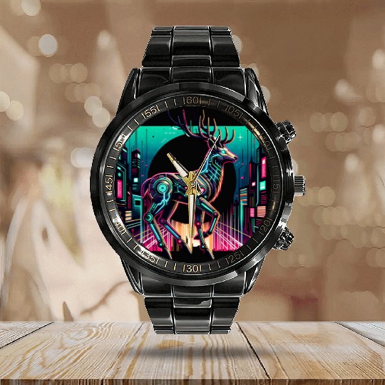 Cyberpunk Stag In Futuristic Cityscape Calendar Steel Band Watch