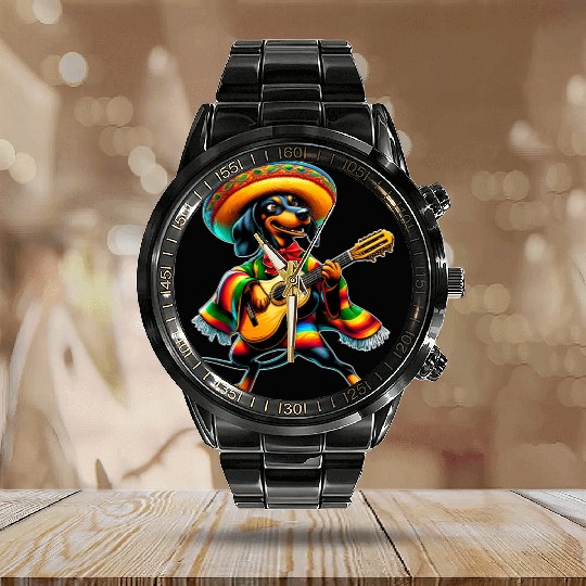 Cinco de Mayo Dachshund Mariachi Guitar Calendar Steel Band Watch