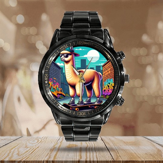 Cool Alpaca Skater Vibe in Urban Street Art Calendar Steel Band Watch