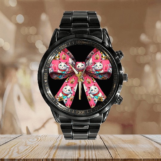 Coquette Bow Maneki Neko Japanese Cat Lucky Pink Calendar Steel Band Watch
