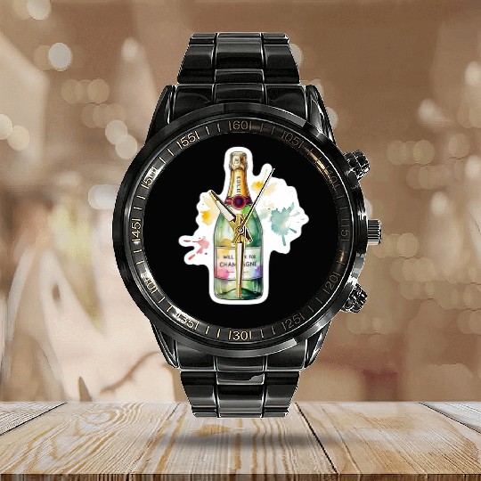 Funny Will Work For Champagne Bubbly Wedding Bride Calendar Steel Band Watch