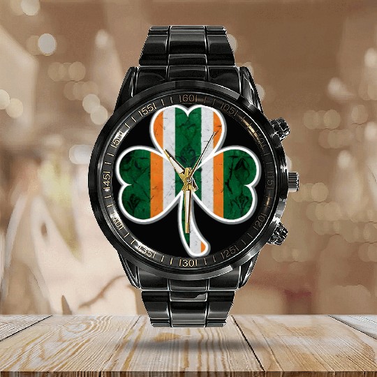 Vintage Irish Flag Shamrock Calendar Steel Band Watch