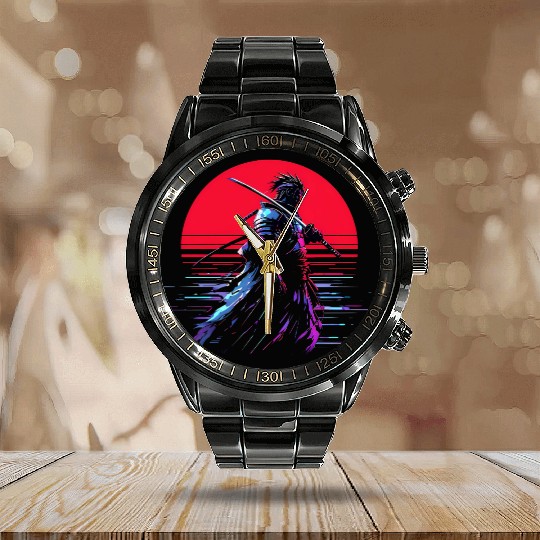 Cyberpunk Samurai Warrior Under Neon Moon Calendar Steel Band Watch
