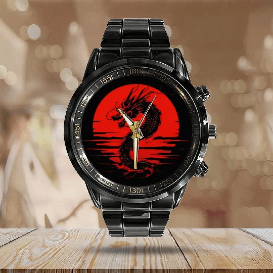 Dragon Rising Under the Blood Moon Calendar Steel Band Watch