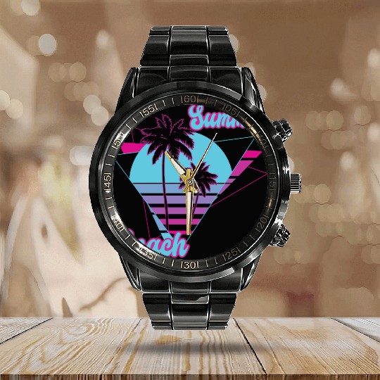 Summer Palm Tree Beach Calendar Steel Band Watch