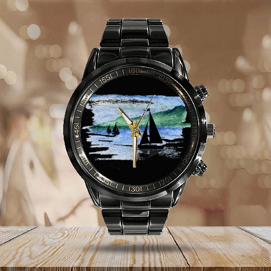 Watercolor Boats Calendar Steel Band Watch
