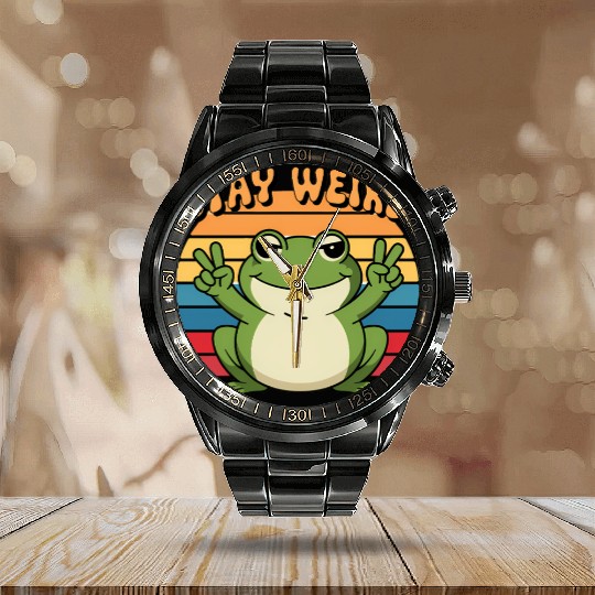 Stay Weird Retro Frog Design Cute Cartoon Calendar Steel Band Watch
