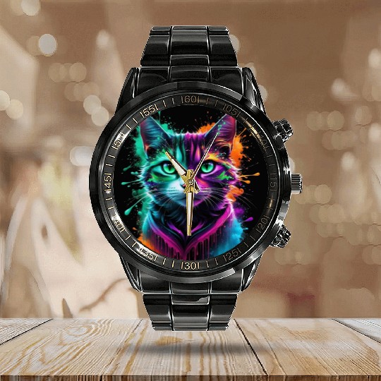 Neon Cosmic Cat – A Psychedelic Fusion of Color Calendar Steel Band Watch