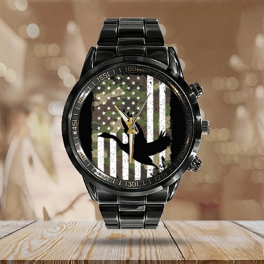 Goose Hunting Camo US Flag For Hunter Camouflage Calendar Steel Band Watch