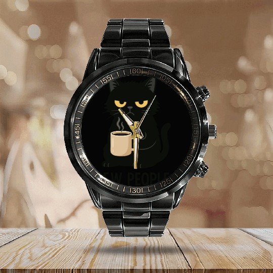 Grumpy Black Cat Coffee Lover – "EW, PEOPLE" Calendar Steel Band Watch