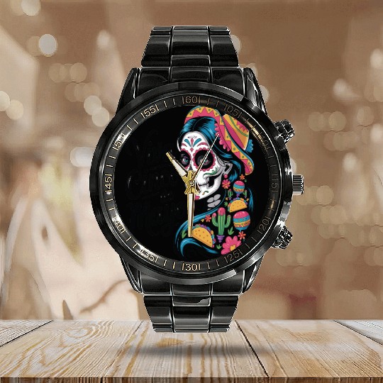 Cinco de Mayo Sugar Skull Girl Sombrero & Flowers Calendar Steel Band Watch